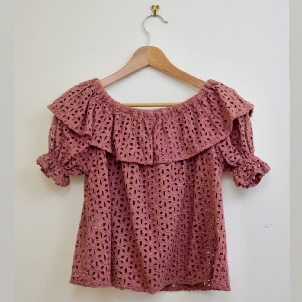 Red Ruffled Eyelet Cold-Shoulder Top